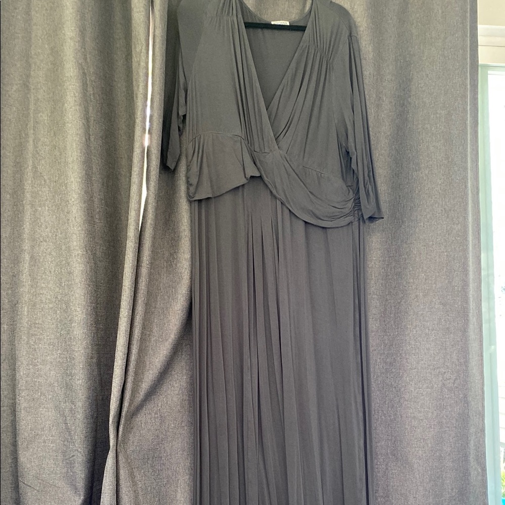 Kiyonna Gray Pleated Gown with Cowl Neck and Dolman Sleeves